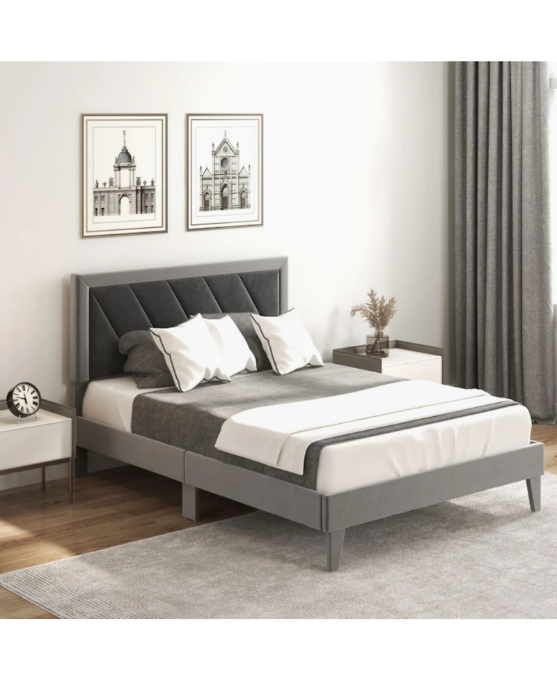 Sugift Full Platform Bed with High Headboard and Wooden Slats