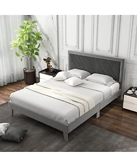 Sugift Queen Platform Bed with High Headboard and Wooden Slats