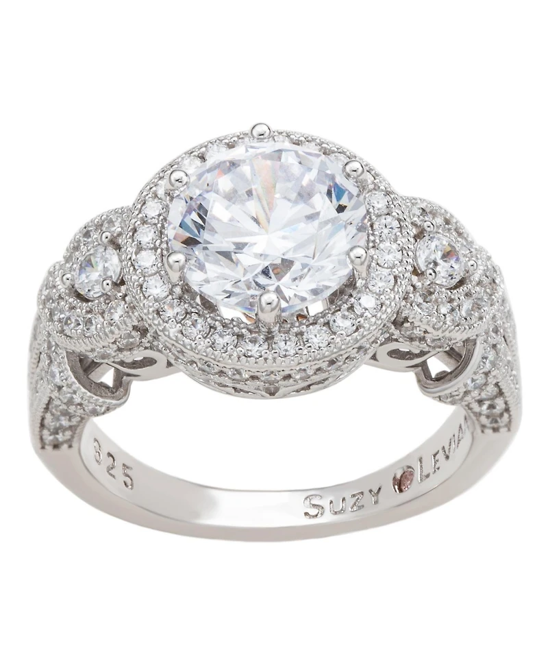 Suzy Levian Sterling Silver Round Cubic Zirconia French Filigree Ring