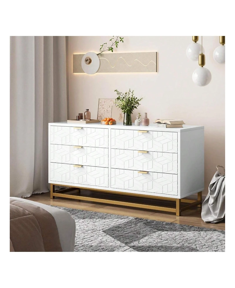 Dresser For Bedroom, Large 6 Drawer Dresser Organizer With Golden Metal Handle And Legs, Modern Chest Of Drawers, Large Dresser For Closet, Hallway, L