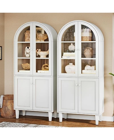 Tribesigns 68" Tall Arched Storage Cabinet Set of 2, White Farmhouse 5-Tier Display Bookcase, Kitchen Pantry Hutch Cabinet with Doors and Adjustable S