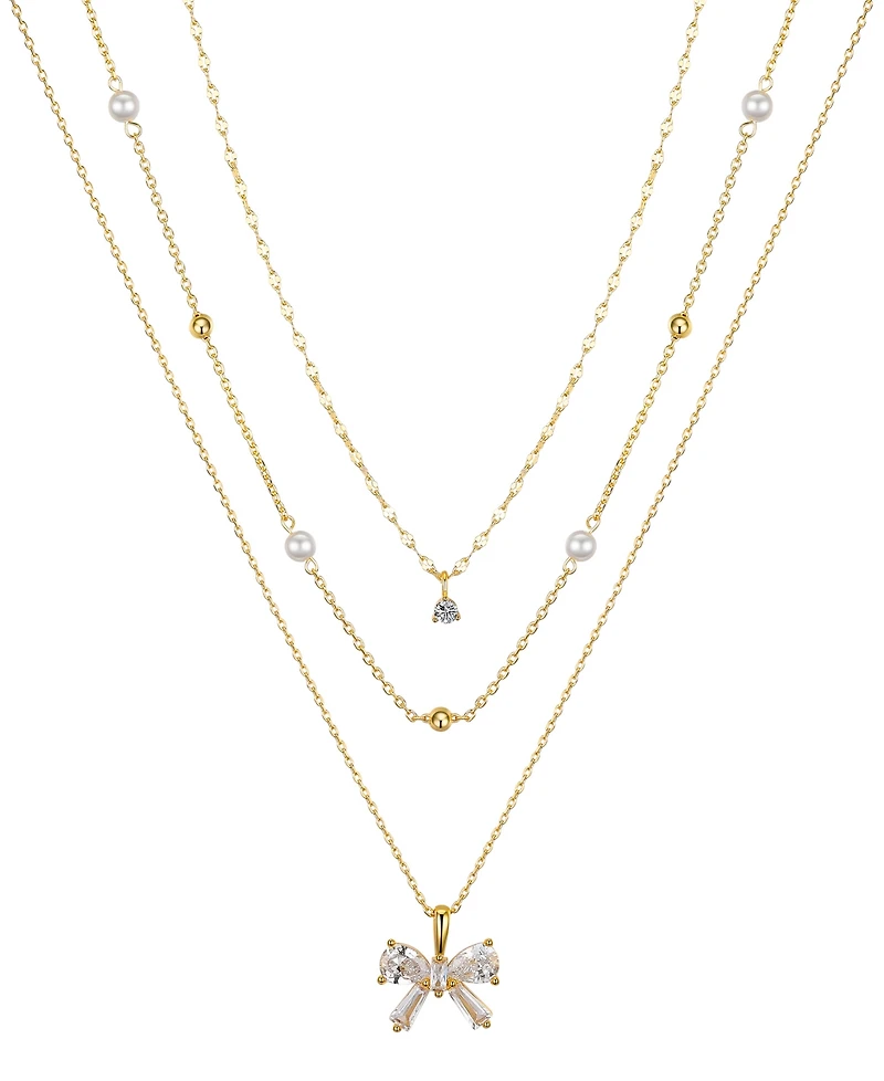 Unwritten Cubic Zirconia and Mother of Pearl Bow Layered Pendant Necklace Set
