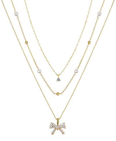 Unwritten Cubic Zirconia and Mother of Pearl Bow Layered Pendant Necklace Set