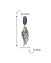 Bling Jewelry Two Tone Heart Dangle Charm Bead with Angel Wing Feather Bracelet