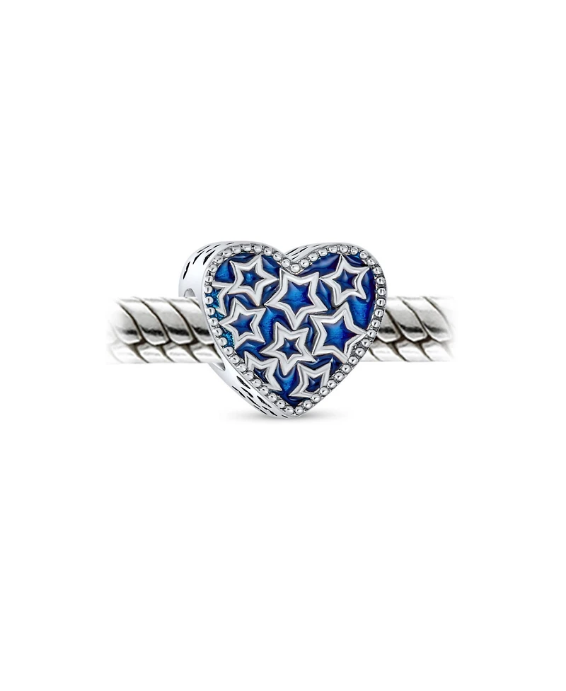 Bling Jewelry Patriotic Midnight Blue Stars Heart Charm Bead Sterling Silver Bracelet
