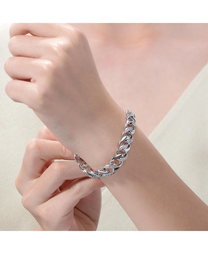 Bold Men's Curb Chain Bracelet with Iced Out Cubic Zirconia in Sterling Silver