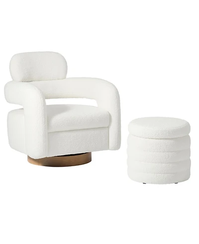 WestinTrends Mid-Century Modern Faux Sherpa Swivel Barrel Accent Chair With Storage Ottoman