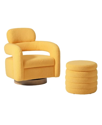 WestinTrends Mid-Century Modern Faux Sherpa Swivel Barrel Accent Chair With Storage Ottoman