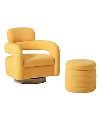 WestinTrends Mid-Century Modern Faux Sherpa Swivel Barrel Accent Chair With Storage Ottoman