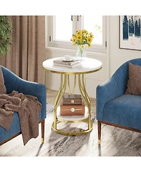 Tribesigns Round Side Table White Gold End Table 2-Tier End Table Modern Bedside Table Small Side Table with Storage for Couch Side, Sofa Side Table w