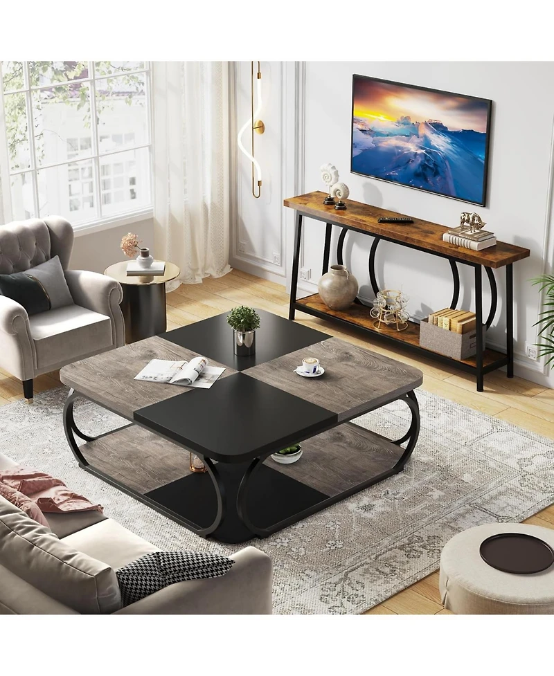 Tribesigns Coffee Table with Open Storage Shelf for Living Room, 39 Inch Large Wood Center Square Low Tables 2 Tier Farmhouse Tea w