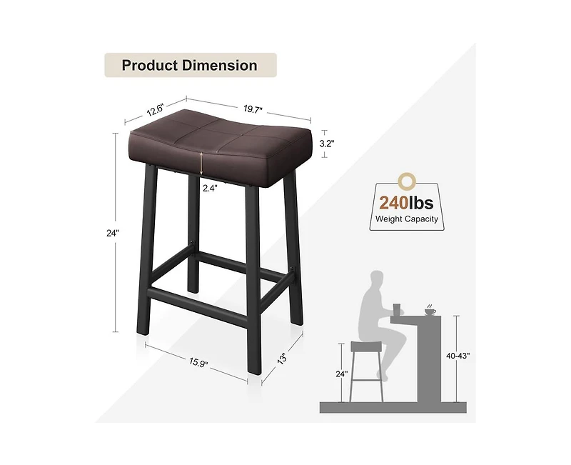 Counter Height Bar Stools Set of 2, 24 Inch Barstools for Kitchen Island Counter, Upholstered Padded Barstools with Curved Surface