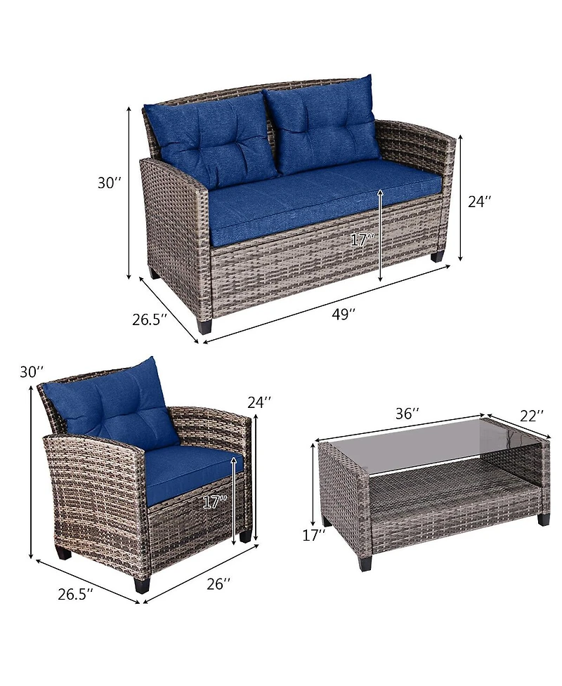 Gouun 4 Pieces Patio Rattan Furniture Set with Coffee Table and Cushioned Sofa