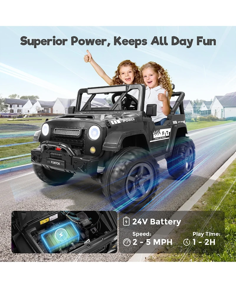 Funtok 24V 2 Seater Ride On Truck Electric Car w/ Parent Remote Control, Music, Led Lights, Spring Suspension