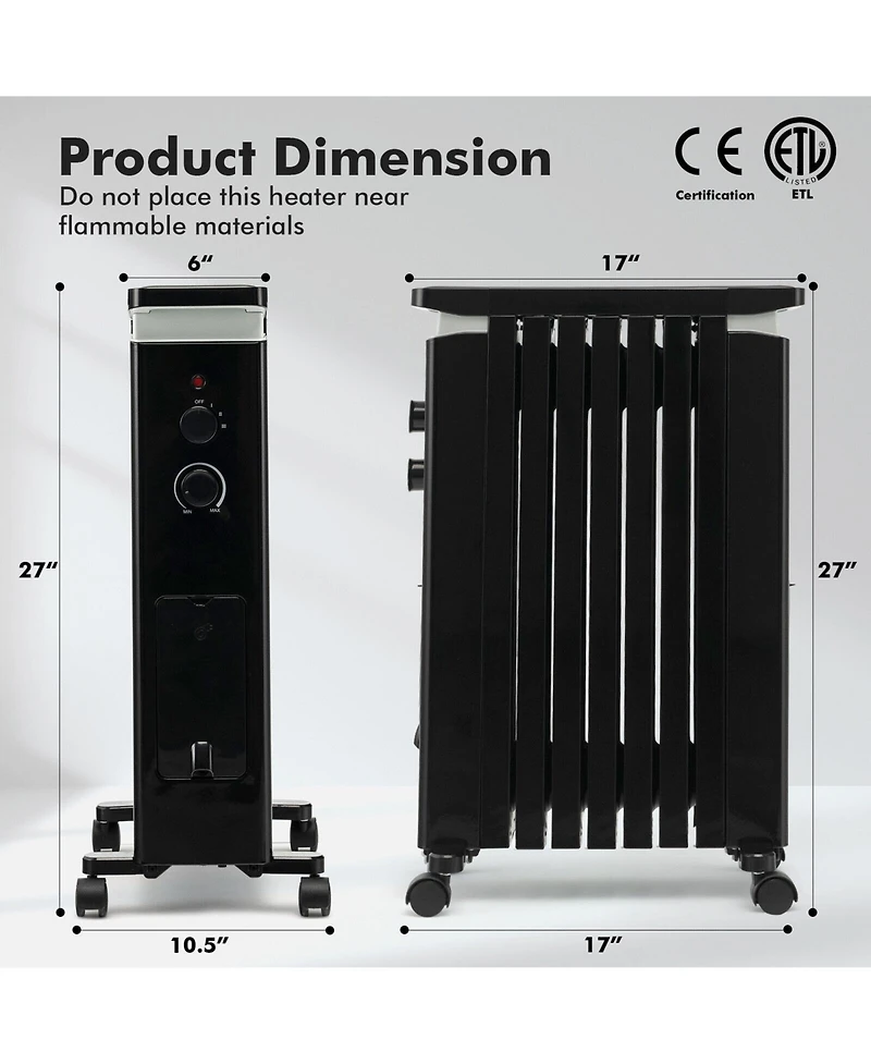 Gouun 1500W Portable Oil Filled Radiator Heater with 3 Heat Settings