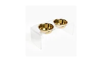 Hiddin Medium Clear Double Bowl Pet Feeder, 1 Quart Gold Bowls