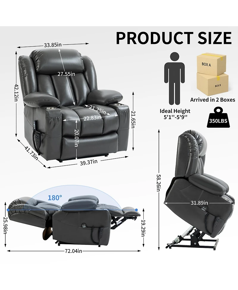 Power Lift Recliner Chair Heavy Duty Motion Mechanism with 8-Point Vibration Massage and Lumbar Heating Stainless steel Cup Holders