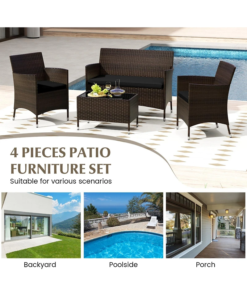 Gouun 4 Pieces Rattan Sofa Set with Glass Table and Comfortable Wicker for Outdoor Patio