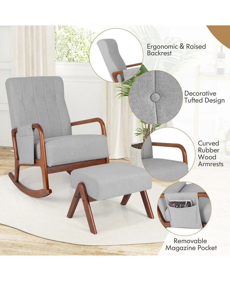 Gouun Rocking Chair with Ottoman, Solid Wood Frame and Padded Cushion