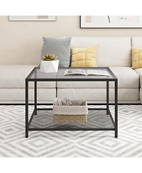 Gouun Modern 2-Tier Square Glass Table with Mesh Shelf