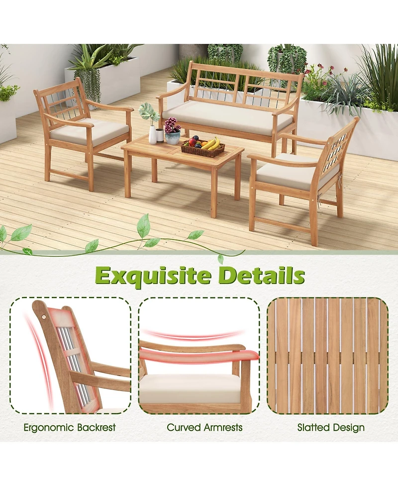 4 Piece Wood Patio Furniture with Armchairs Loveseat and Table-Off