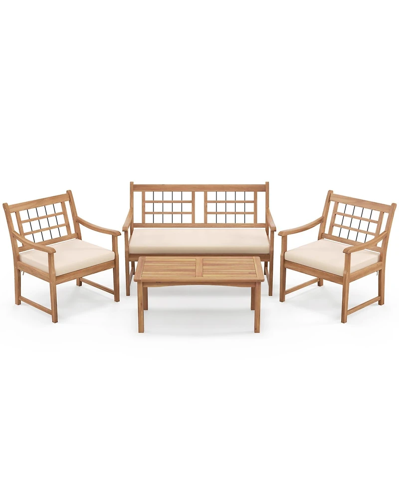 4 Piece Wood Patio Furniture with Armchairs Loveseat and Table-Off