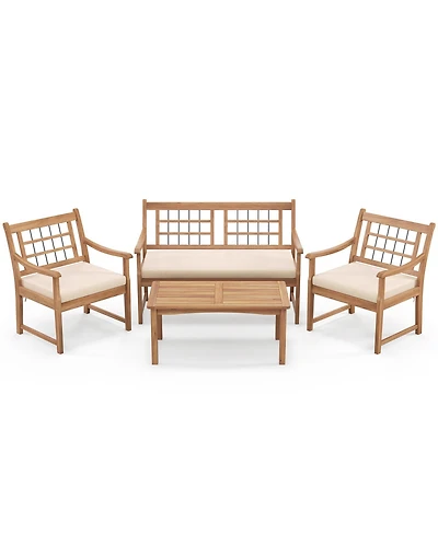 4 Piece Wood Patio Furniture with Armchairs Loveseat and Table-Off