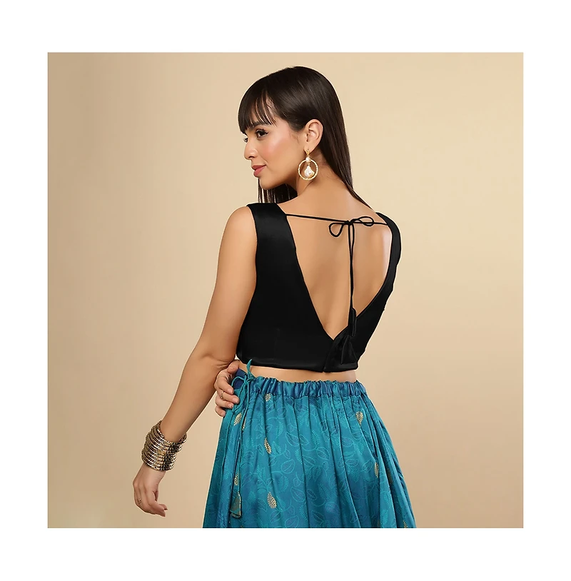 One Minute Saree Women's Amiya Black Satin Comfort Stretch V Neck Sleeveless Blouse