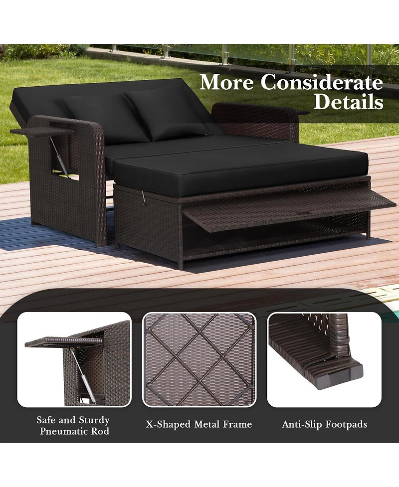Patio Rattan Daybed with 4-Level Adjustable Backrest and Retractable Side Tray