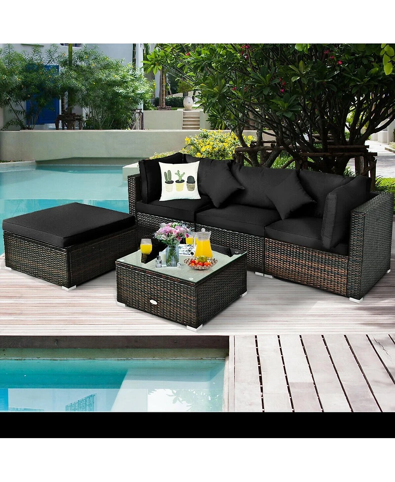 5 Pcs Outdoor Patio Rattan Furniture Set Sectional Conversation with Cushions