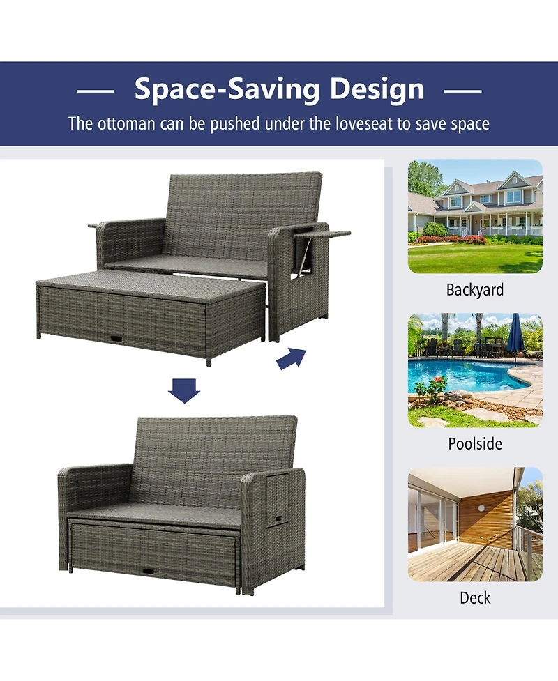 Patio Wicker Loveseat Sofa with Multipurpose Ottoman and Retractable Side Tray