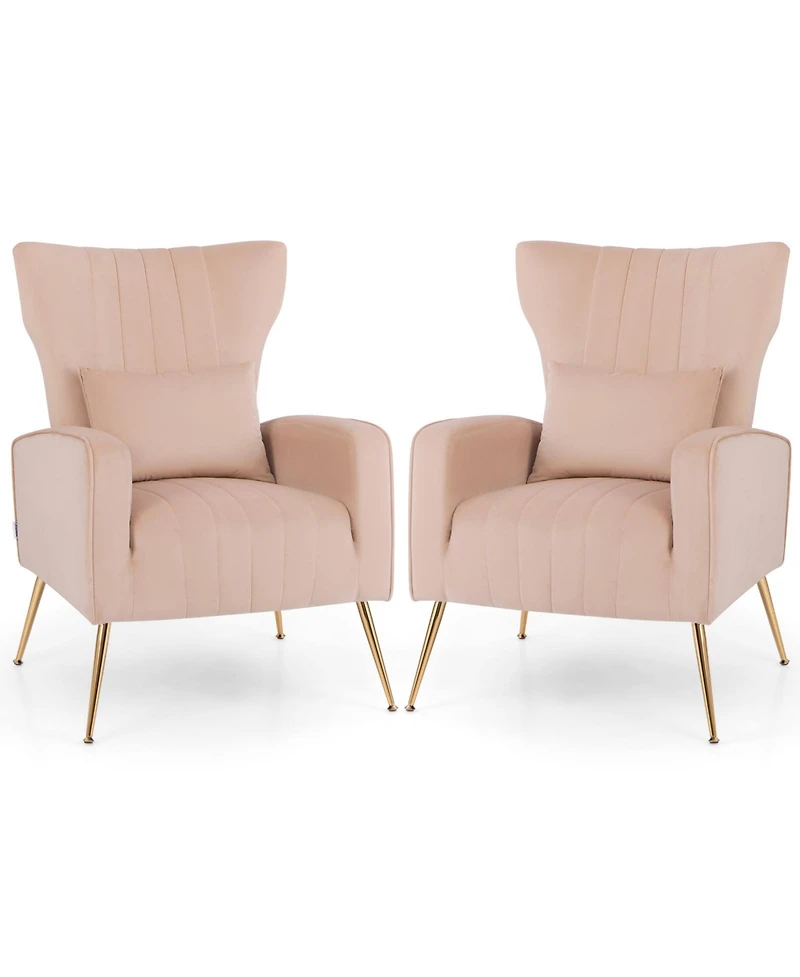 Gouun Velvet Upholstered Wingback Chair with Lumbar Pillow and Metal Legs