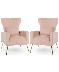 Gouun Velvet Upholstered Wingback Chair with Lumbar Pillow and Metal Legs