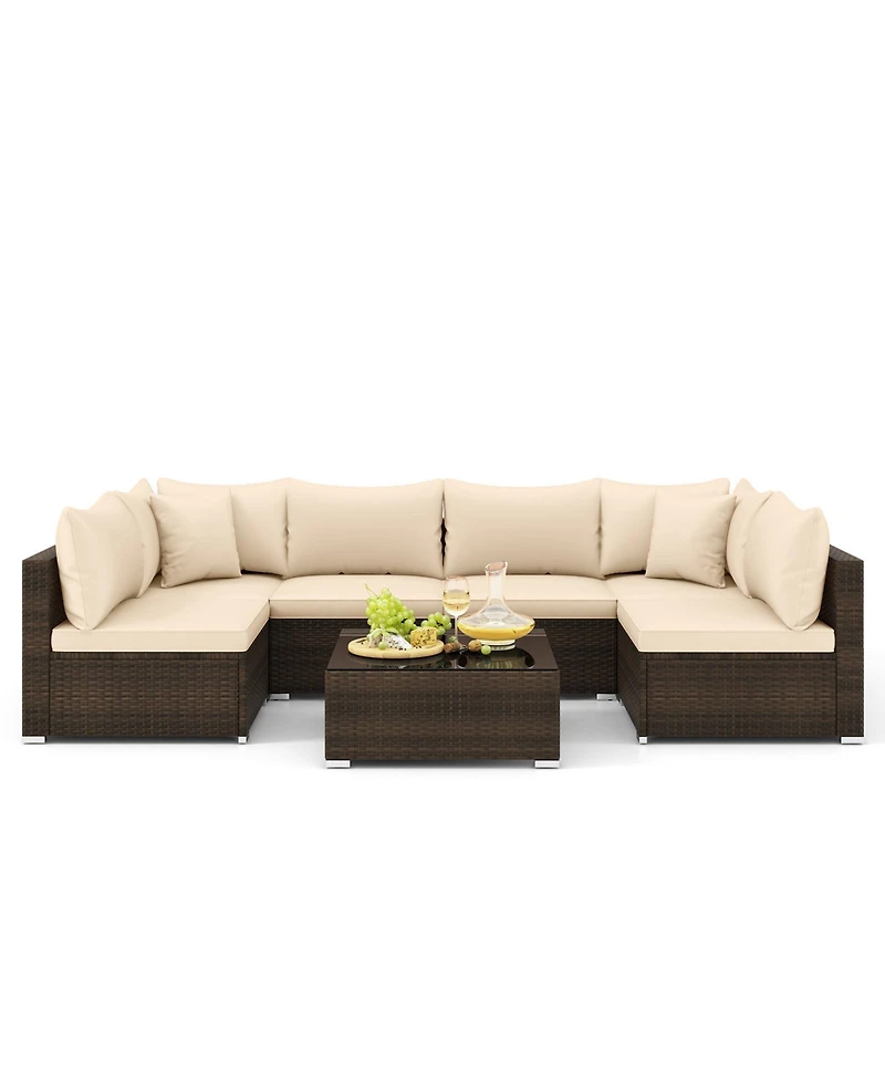 7 Pieces Patio Rattan Furniture Set with Sectional Sofa Cushions