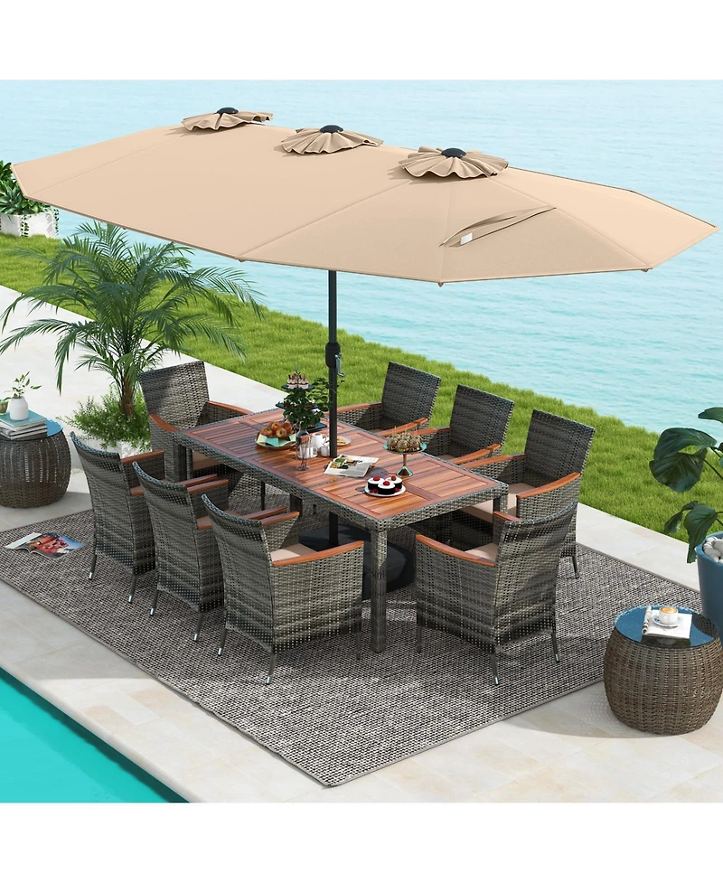 10 Pieces Patio Wicker Dining Set with 15 Feet Double-Sided Patio Umbrella