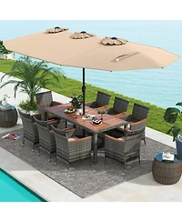 10 Pieces Patio Wicker Dining Set with 15 Feet Double-Sided Patio Umbrella
