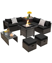 Outdoor 9 Pieces Patio Furniture Set with 50 000 Btu Propane Fire Pit Table