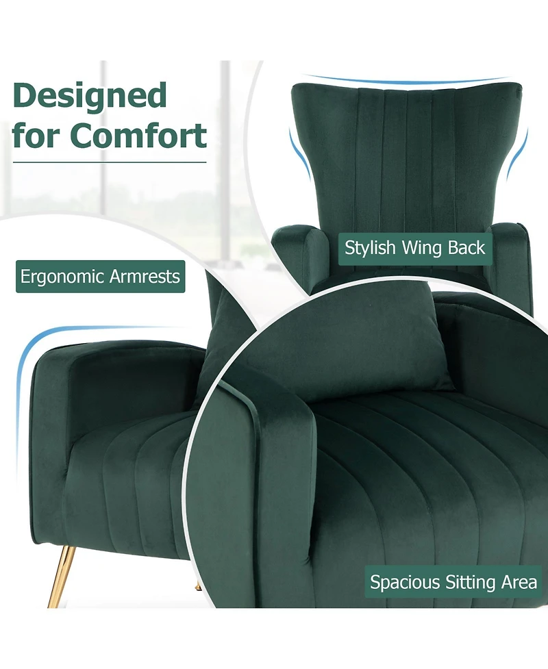 Gouun Velvet Upholstered Wingback Chair with Lumbar Pillow and Metal Legs