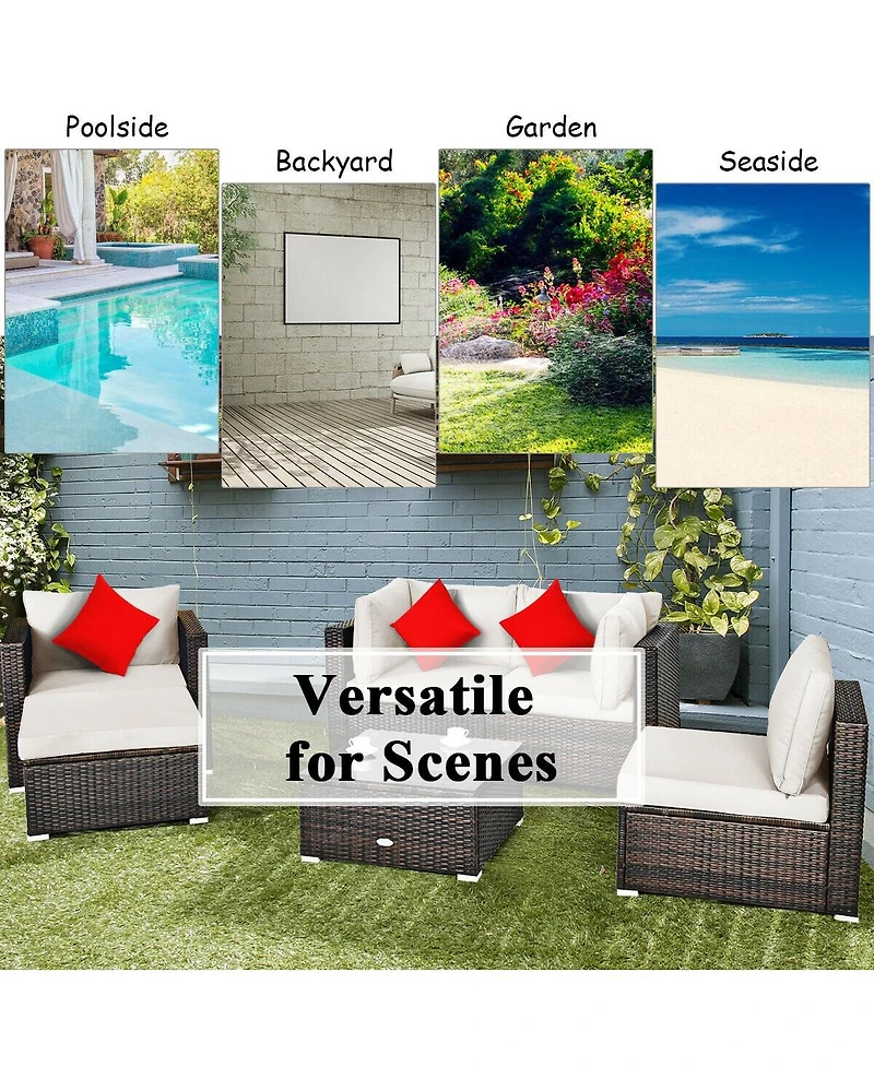 6 Pieces Patio Rattan Furniture Set with Sectional Cushion and Ottomans