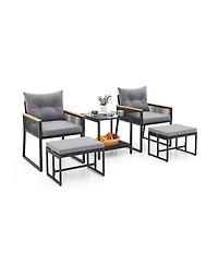 Gouun 5-Piece Outdoor Rattan Conversation Set with Cushions, Ottomans, and 2-Tier Side Table