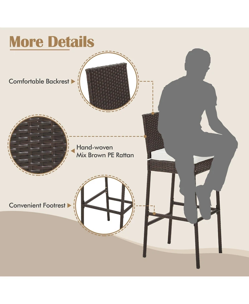 Gouun 4 Pieces Patio Wicker Barstools with Seat Cushion and Footrest-Set of 4