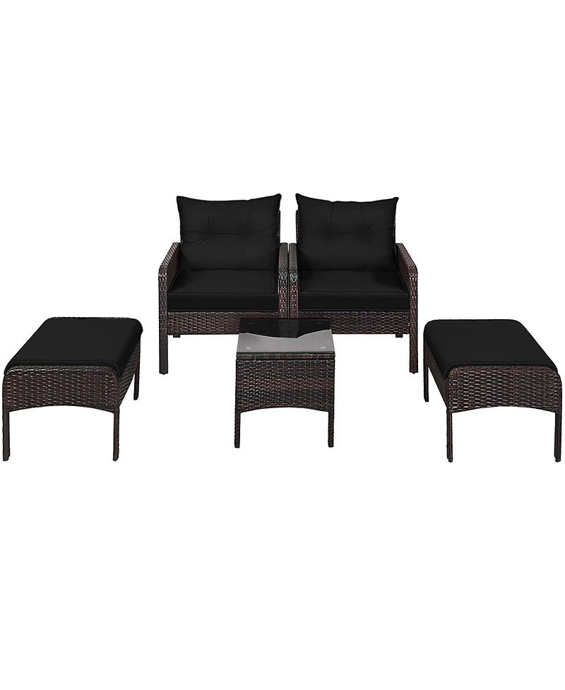 Gouun 5 Pieces Patio Rattan Sofa Ottoman Furniture Set with Cushions