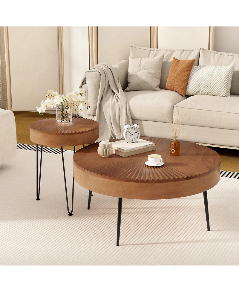 Gouun Set of 2 Boho Round Table with Solid Pine Wood Top and Metal Legs