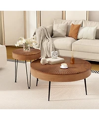 Gouun Set of 2 Boho Round Table with Solid Pine Wood Top and Metal Legs