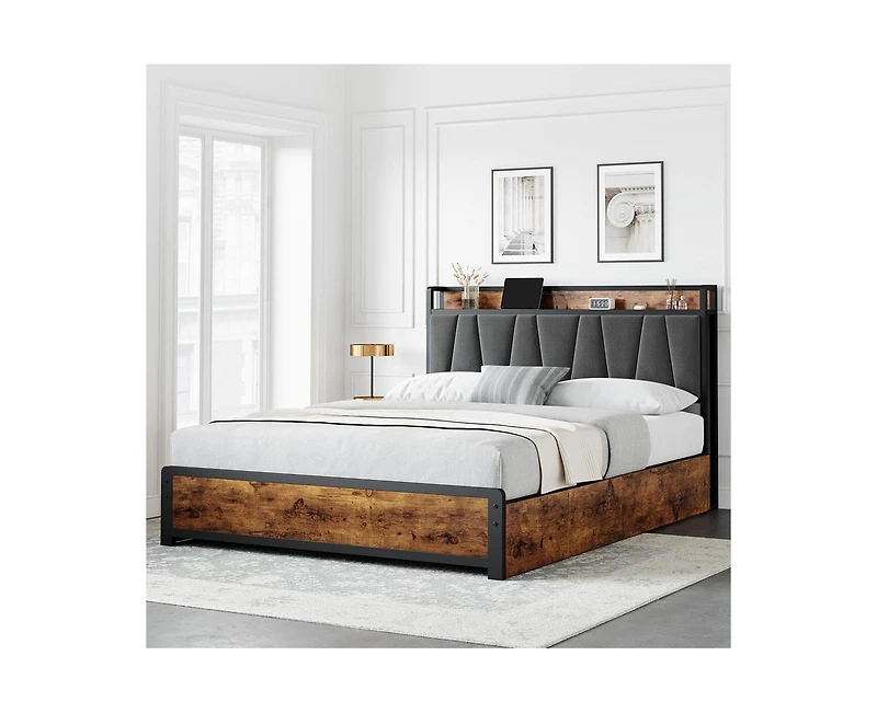 gaomon Queen Size Bed Frame with Upholstered Storage Charging Headboard, Heavy Duty Metal Platform Bed Frame with 4 Storage Drawers, Noise Free, No Bo