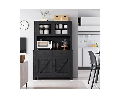 gaomon Kitchen Pantry Cabinet with Microwave Stand, Freestanding Hutch with Drawers, Doors & Adjustable Shelves, Buffet Cabinet with Storage, Food Pan
