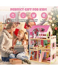 Gymax Kids Wooden Dollhouse Toddler Diy Pretend Playhouse w/ 15 Furniture Accessories