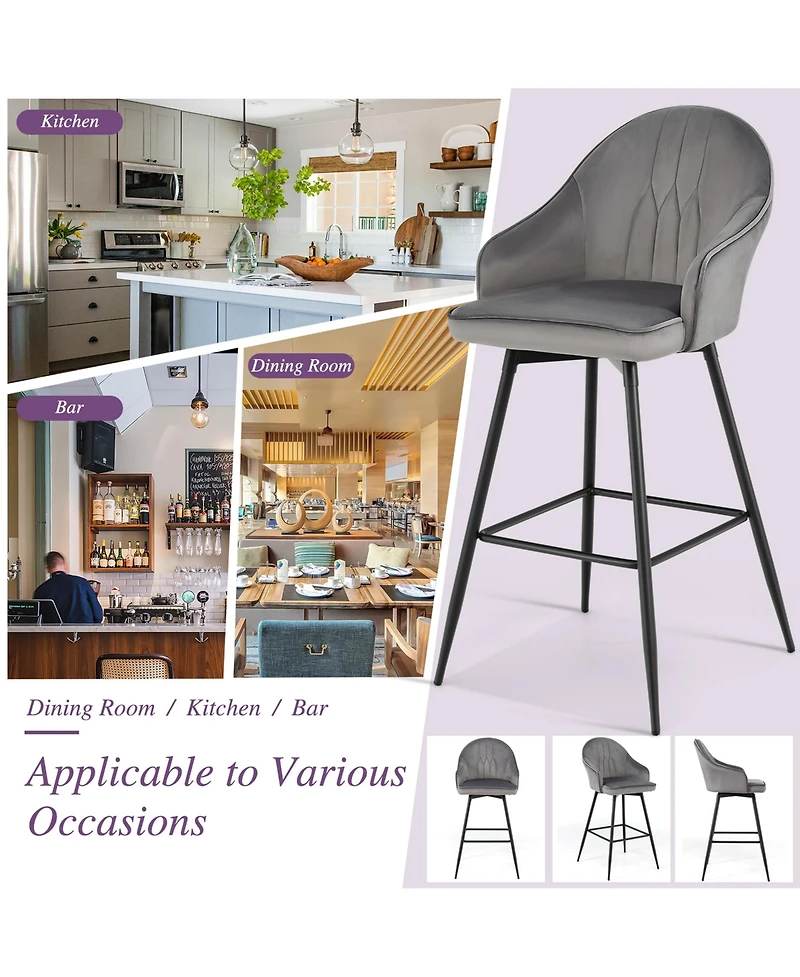 Gymax Set of 4 Velvet Bar Stools Swivel Pub Height Dining Chairs w/ Metal Legs Gray