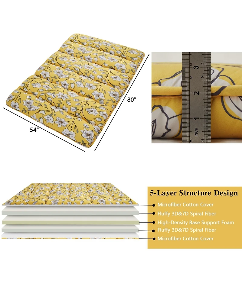 gaomon Japanese Floor Mattress Full, Thick Tatami Roll-Up Mattress for Camping & Guest Room, Yellow Flower Design