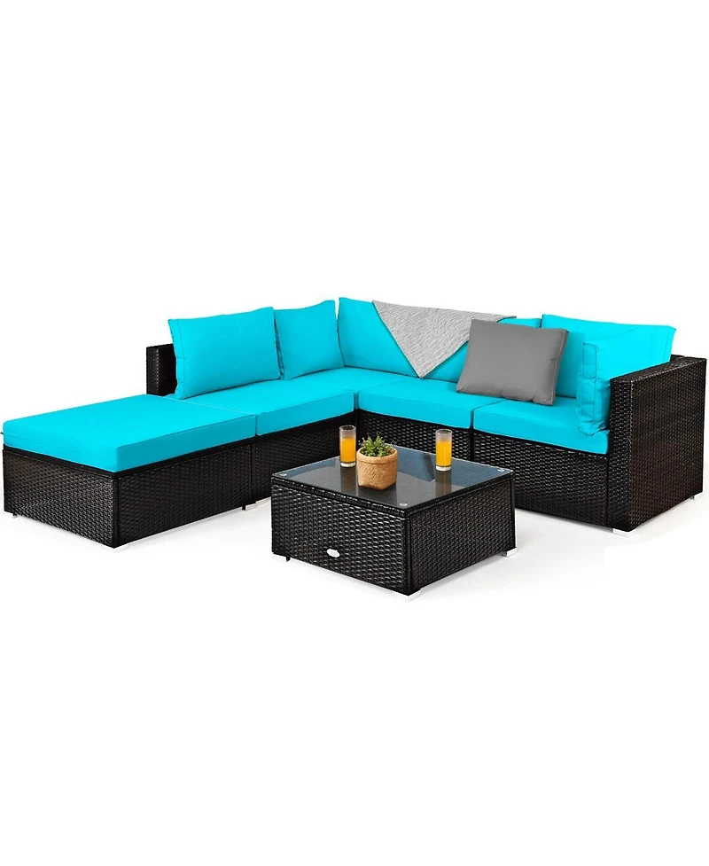 6 Pieces Outdoor Patio Rattan Furniture Set Sofa Ottoman